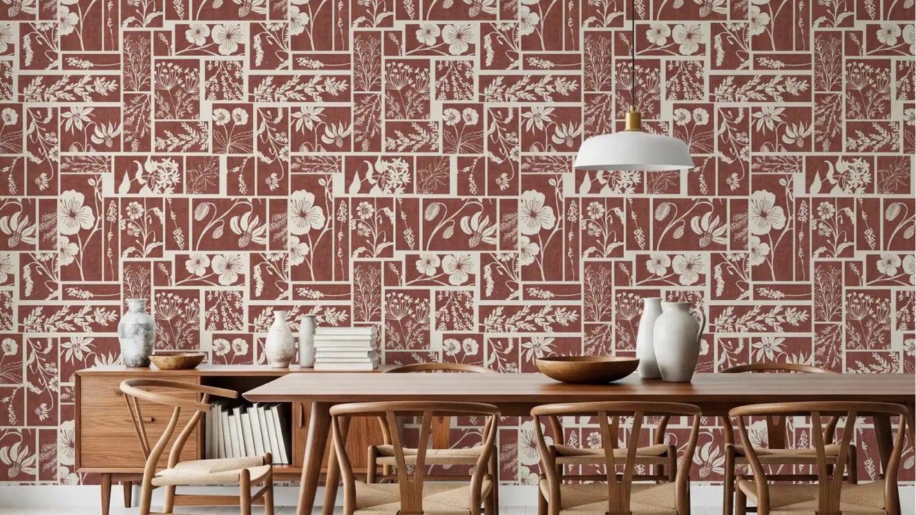 Dining room with Folk Floral Tilework Wallpaper in warm earthy tones