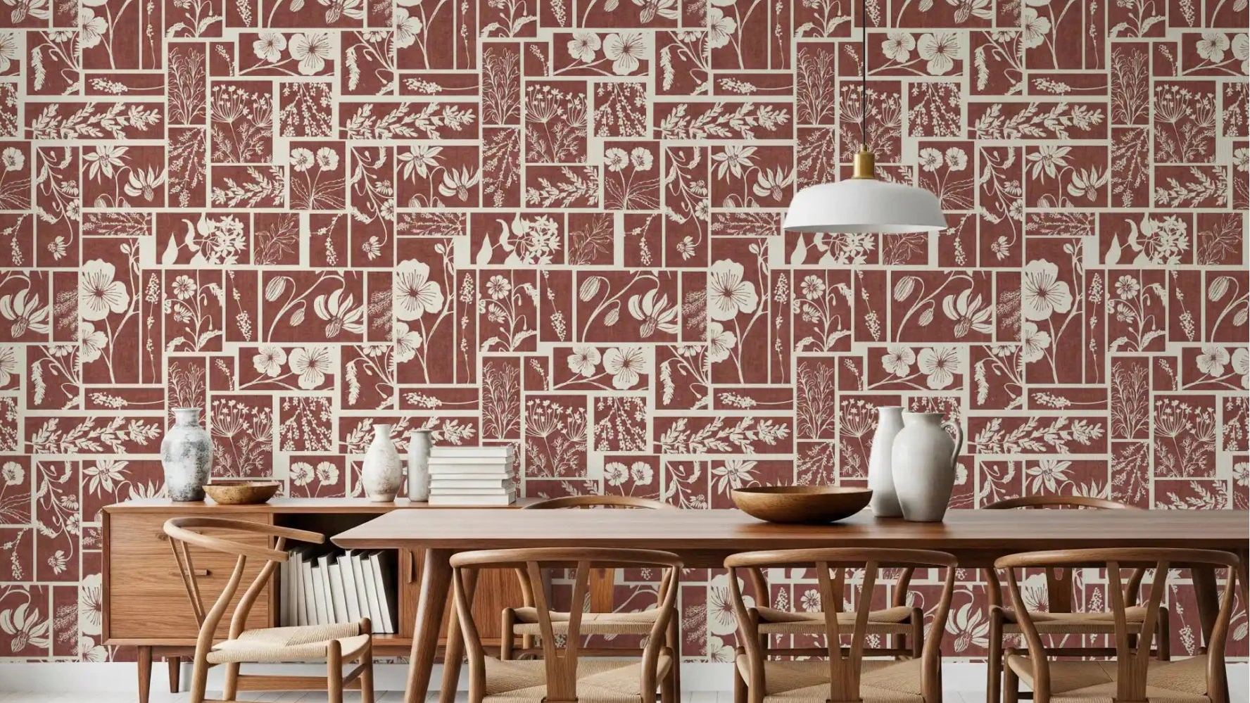 Dining room with Folk Floral Tilework Wallpaper in warm earthy tones