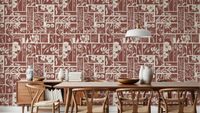 Dining room with Folk Floral Tilework Wallpaper in warm earthy tones