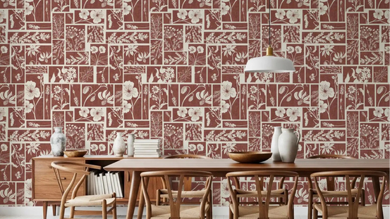 Dining room with Folk Floral Tilework Wallpaper in warm earthy tones, GD9039