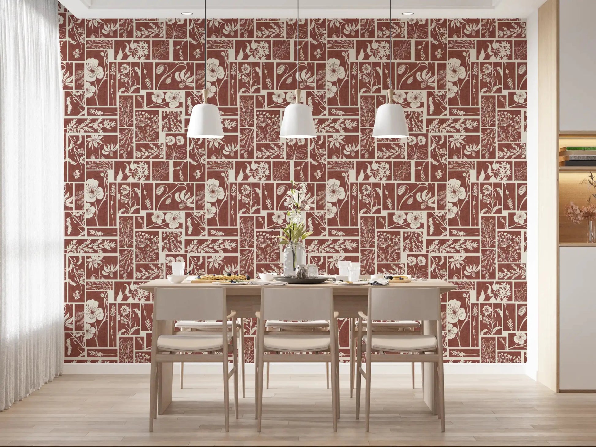 A warm terracotta base gives Folk Floral Wallpaper soft contrast