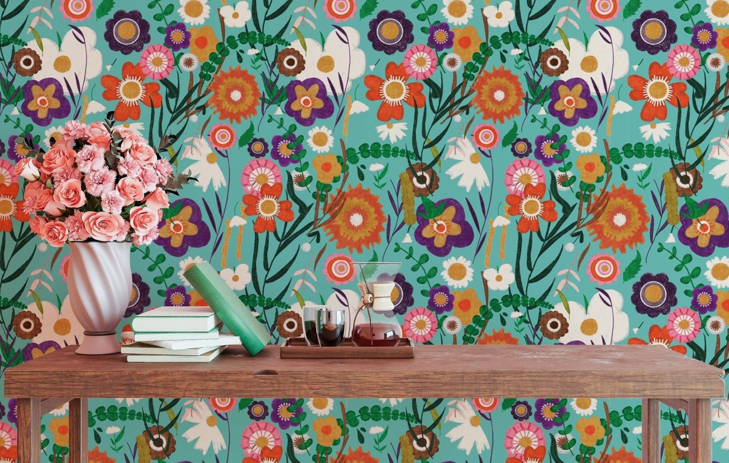 Cheerful blue wallpaper with vibrant florals, SUSCT84