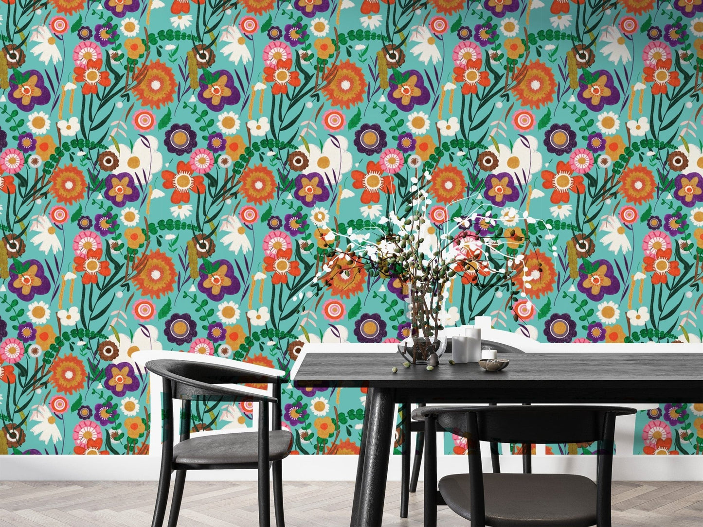 Blue folk floral wallpaper for modern walls, SUSCT84