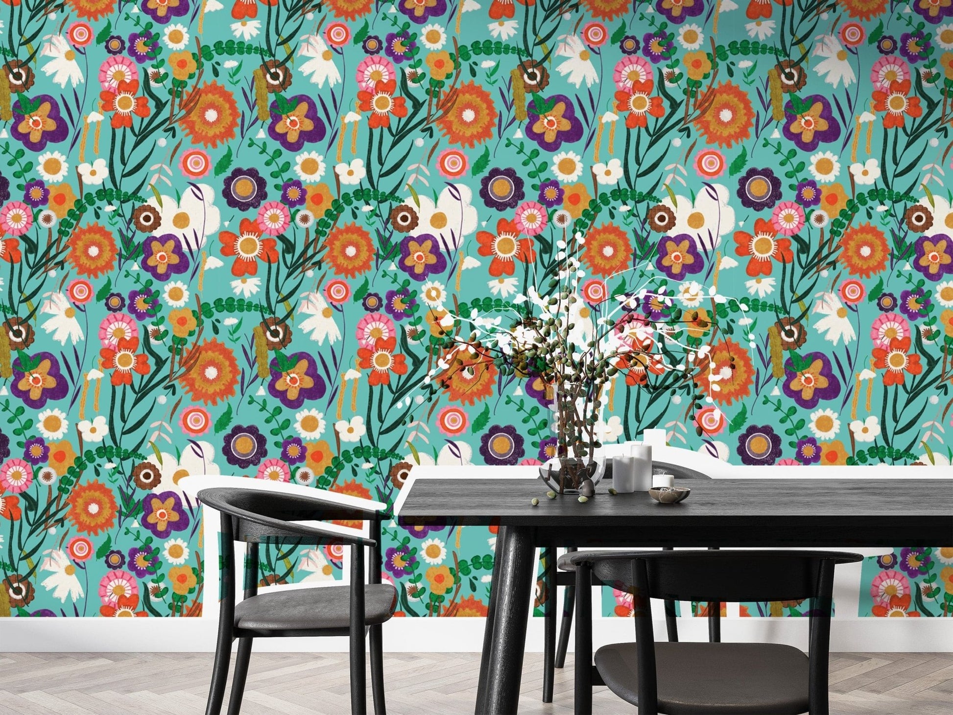 Blue folk floral wallpaper for modern walls, SUSCT84
