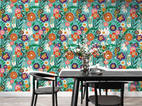 Blue folk floral wallpaper for modern walls, SUSCT84