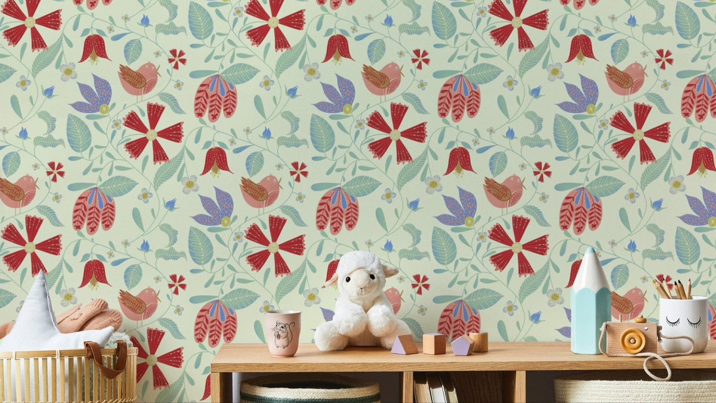 Folksy birds wallpaper with vibrant and cheerful designs.
