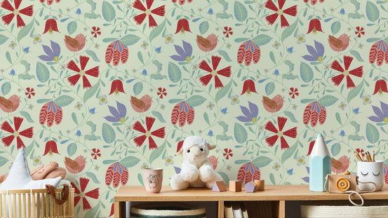 Folksy birds wallpaper with vibrant and cheerful designs. NI09
