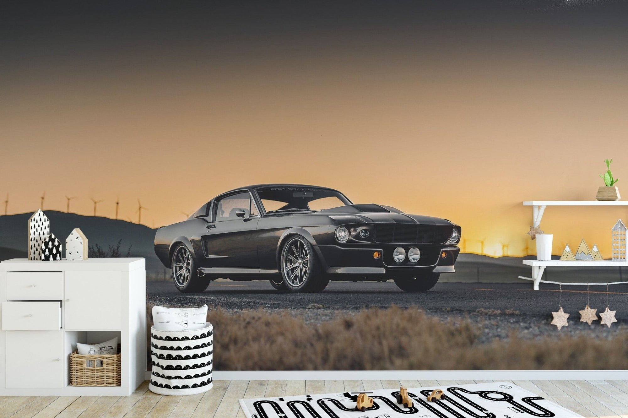 Iconic Ford Mustang mural wallpaper for kids, B391