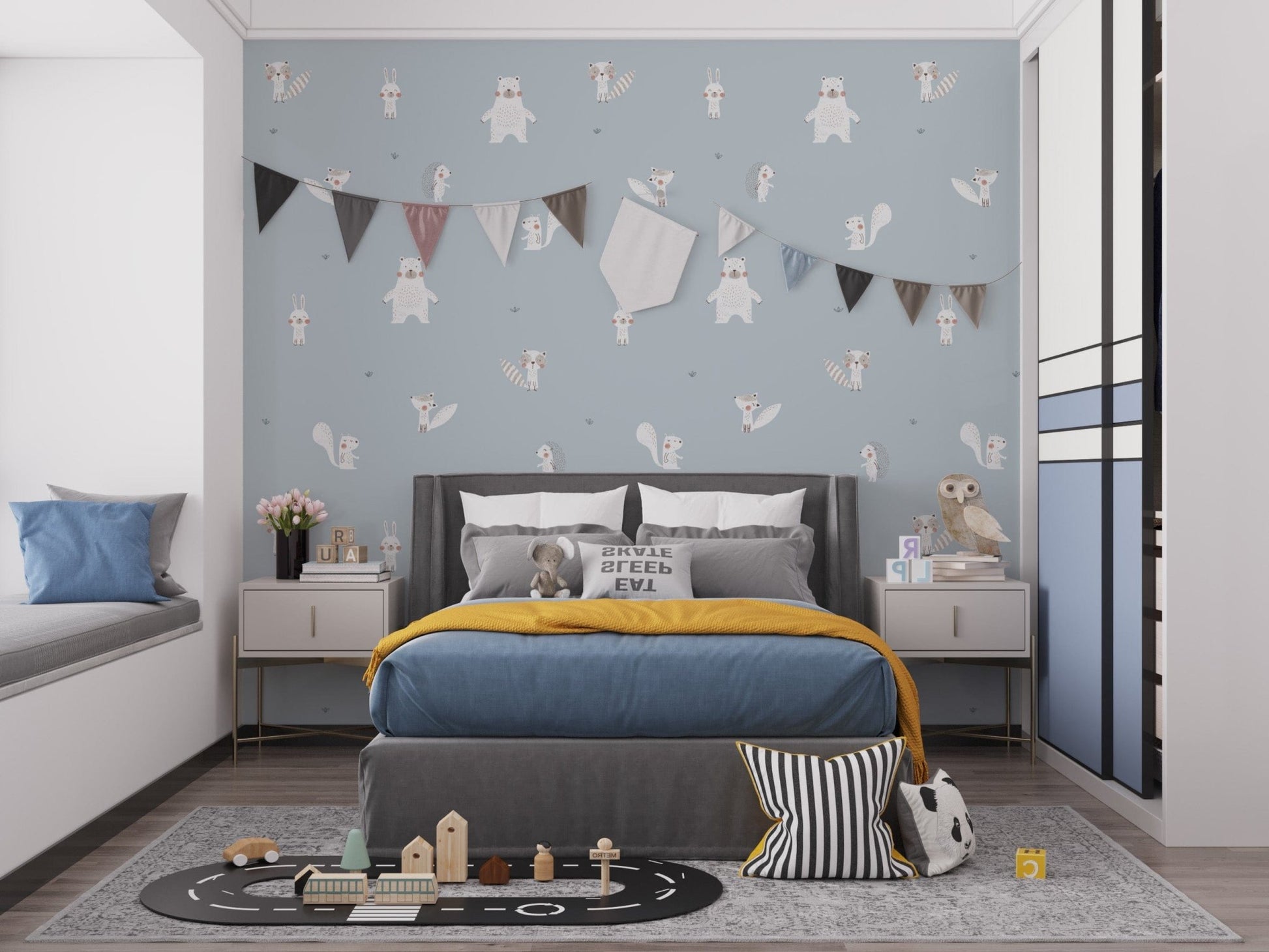 Blue woodland animals wall design
