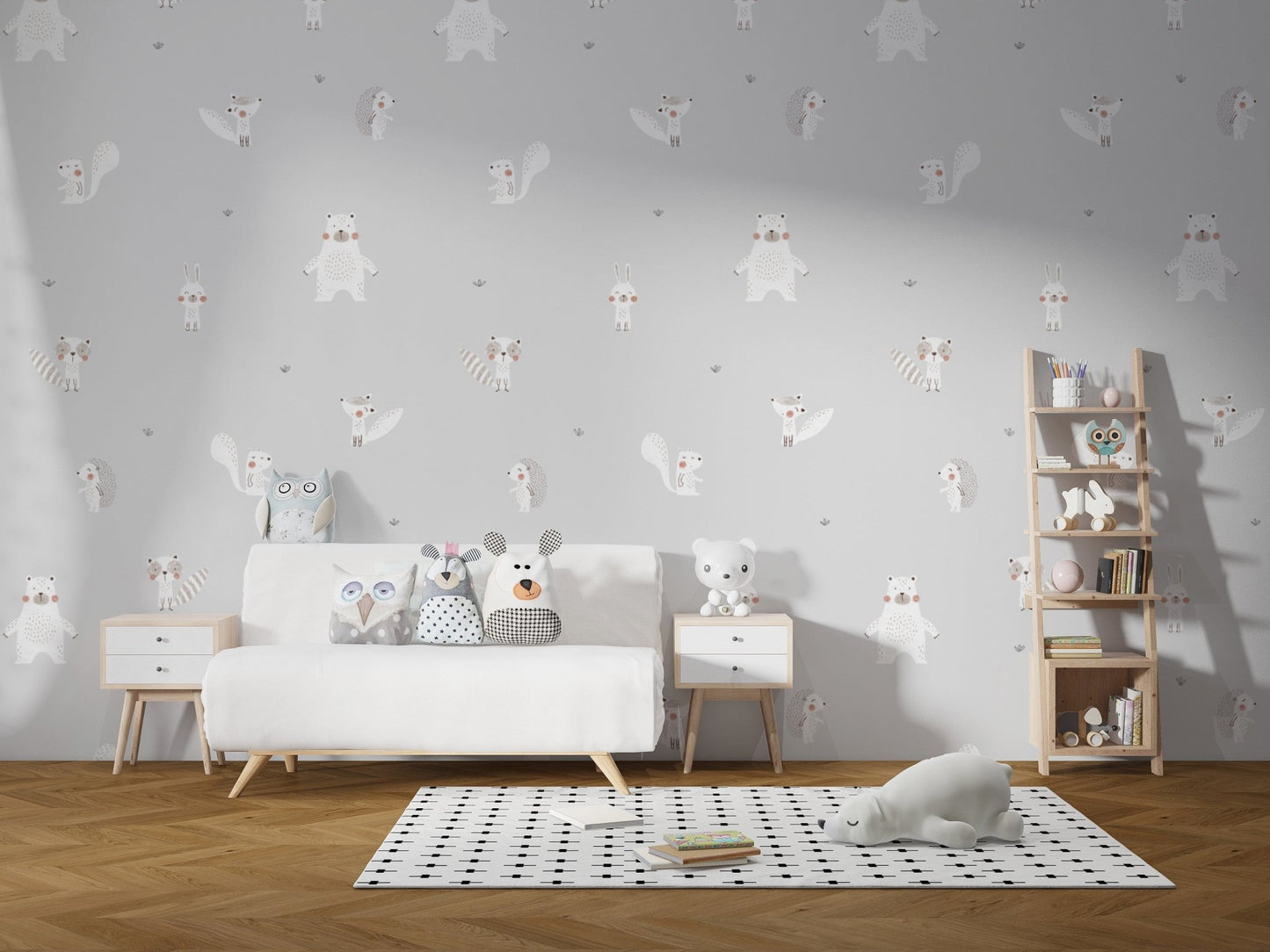 Gray forest creatures wallpaper mural
