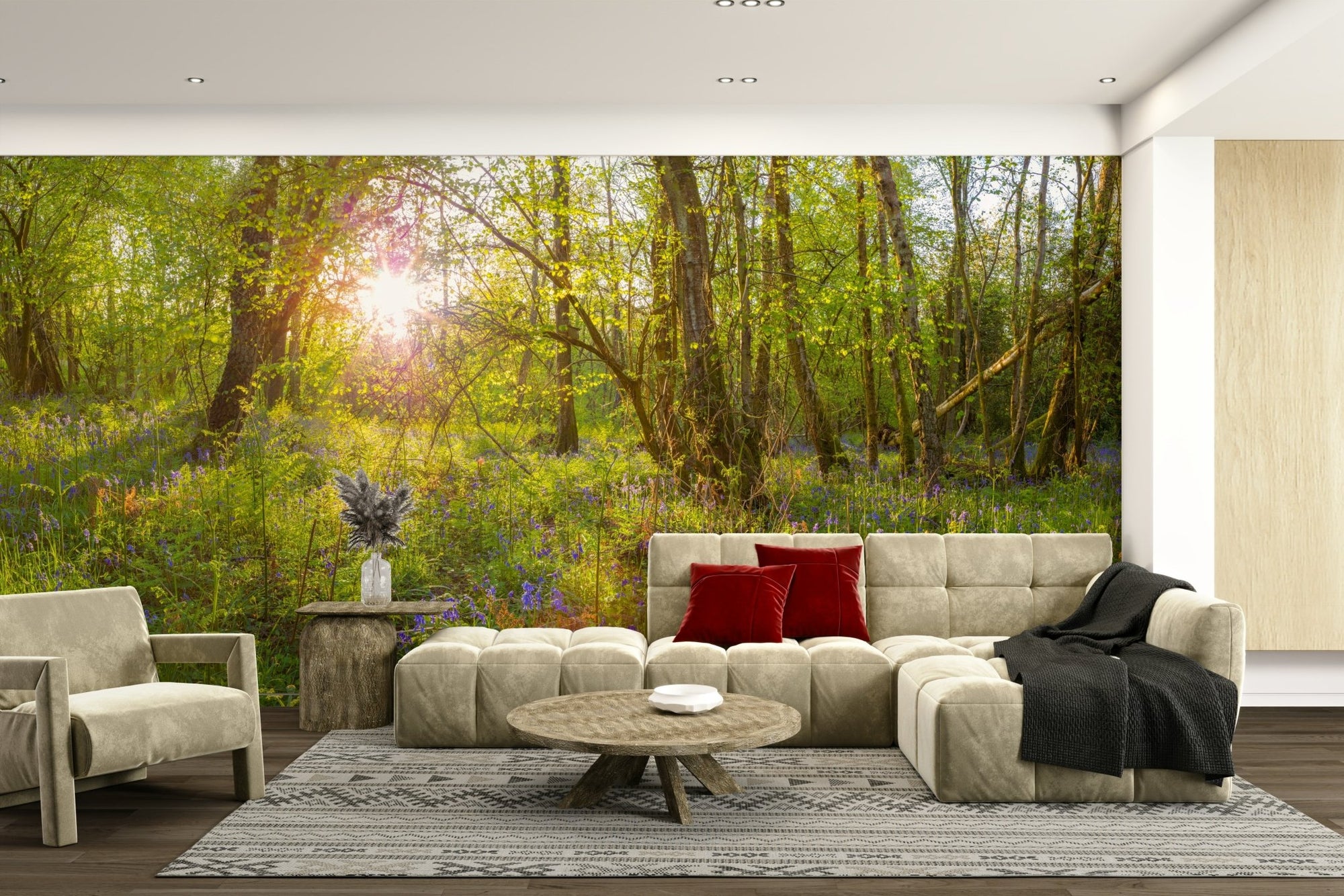 Forest Bloom wall mural showing sunlit woodland with purple bluebells GD5005
