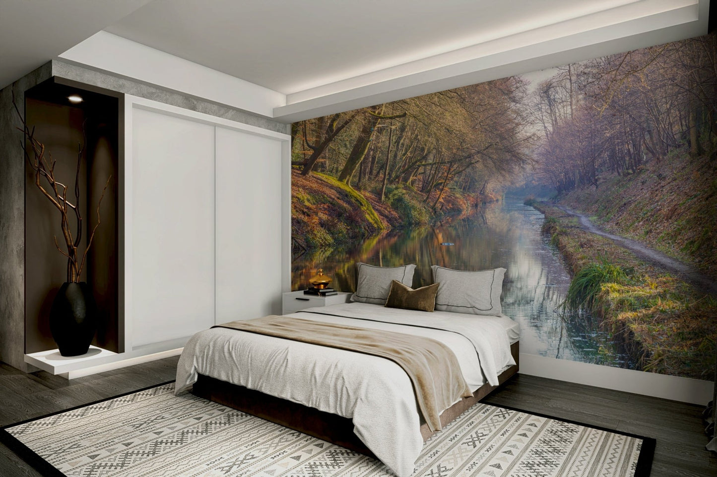Tree-lined canal wall mural for home

