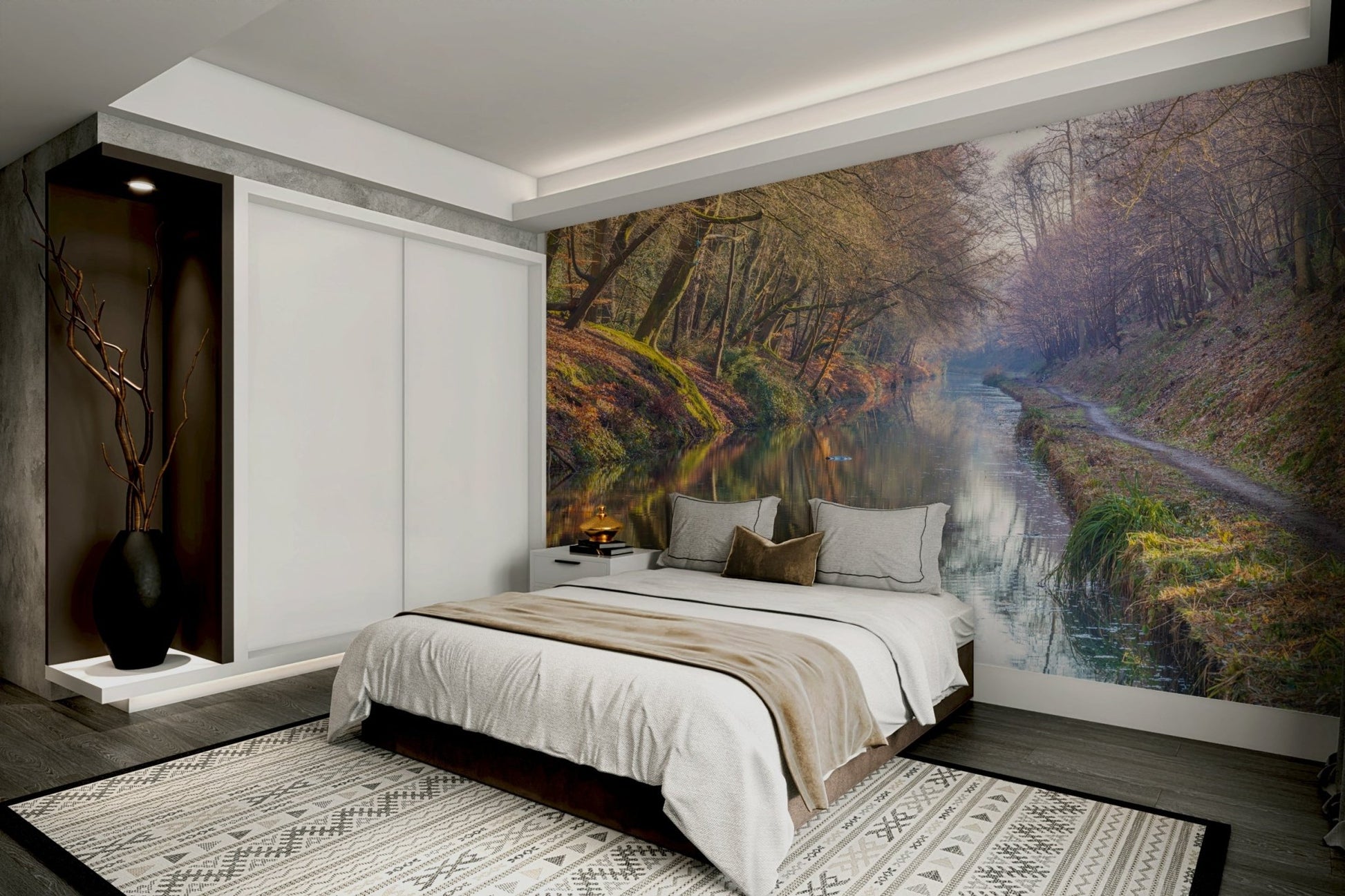 Tree-lined canal wall mural for home

