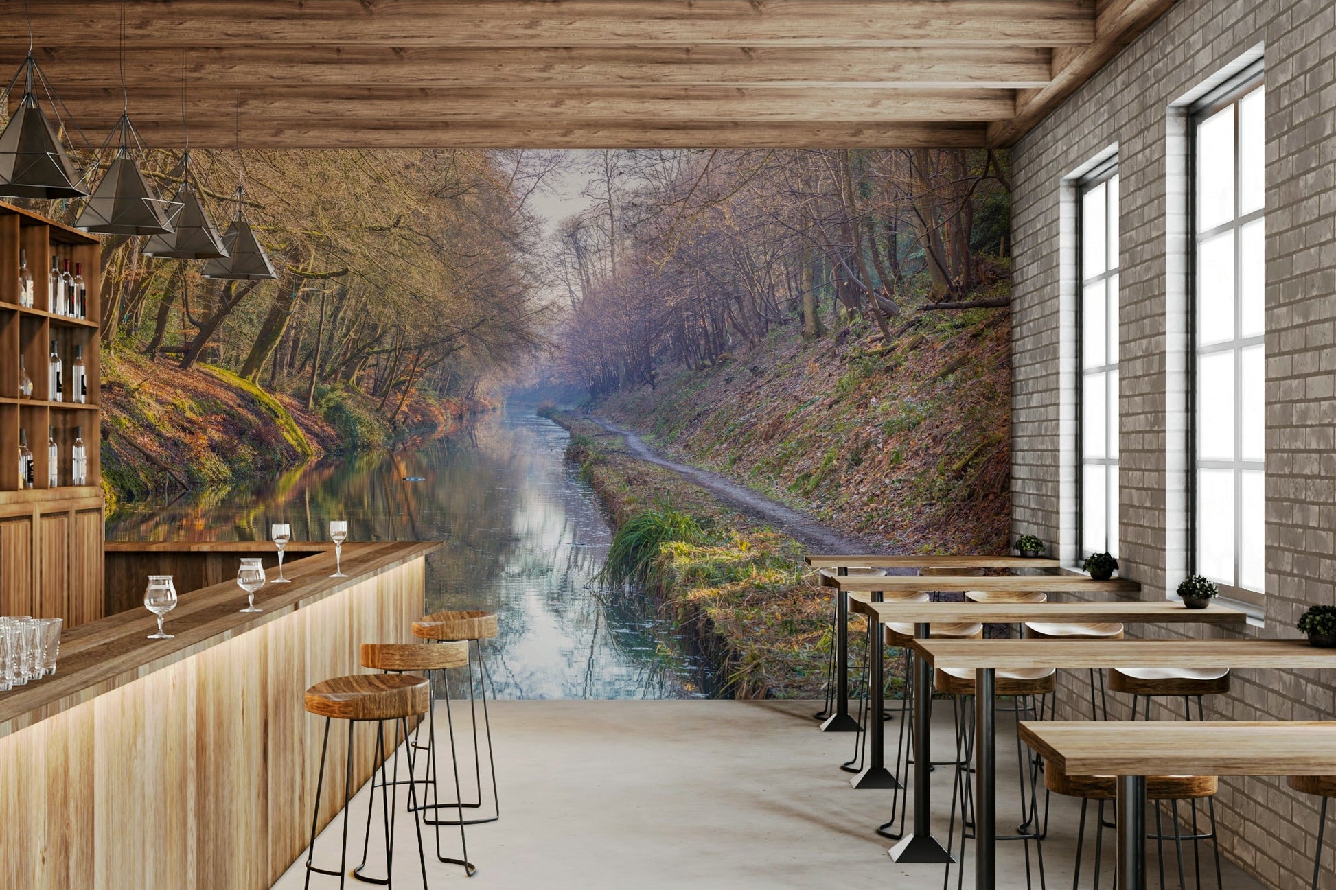 Nature mural with trees and waterway


