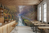 Nature mural with trees and waterway

