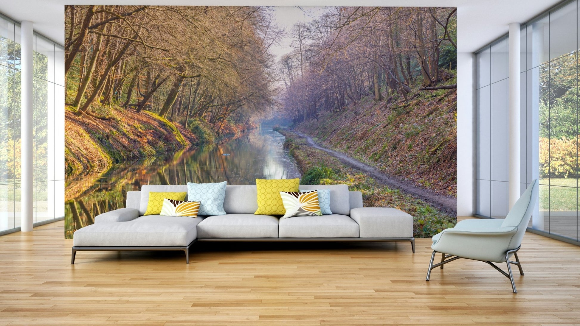 Forest pathway mural with water view

