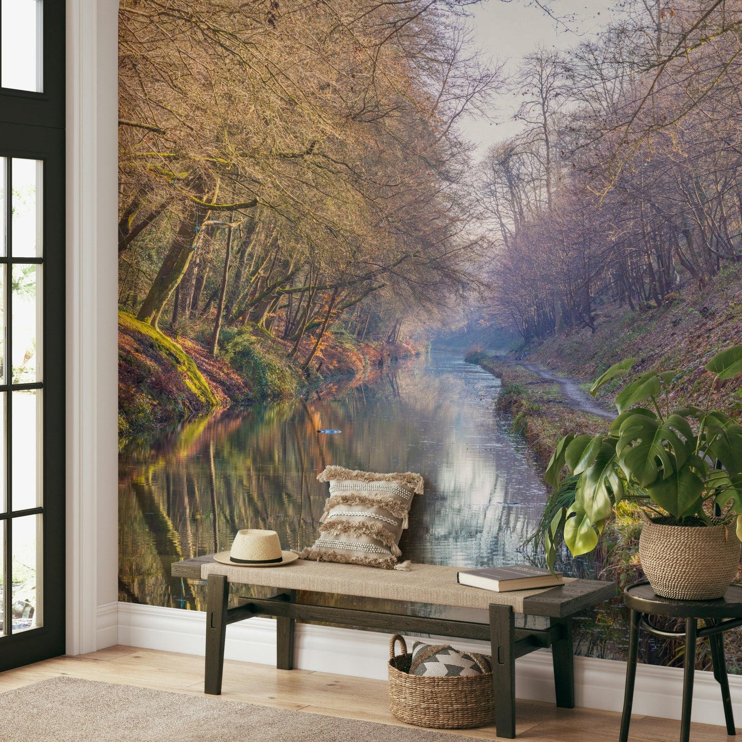 Peaceful canal scene through forest

