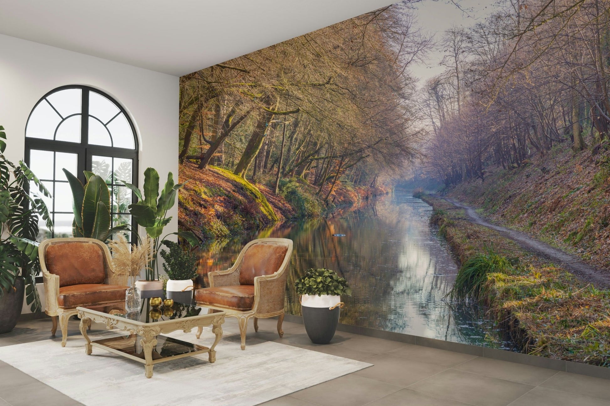 Reflective canal mural surrounded by trees

