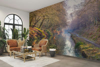 Reflective canal mural surrounded by trees

