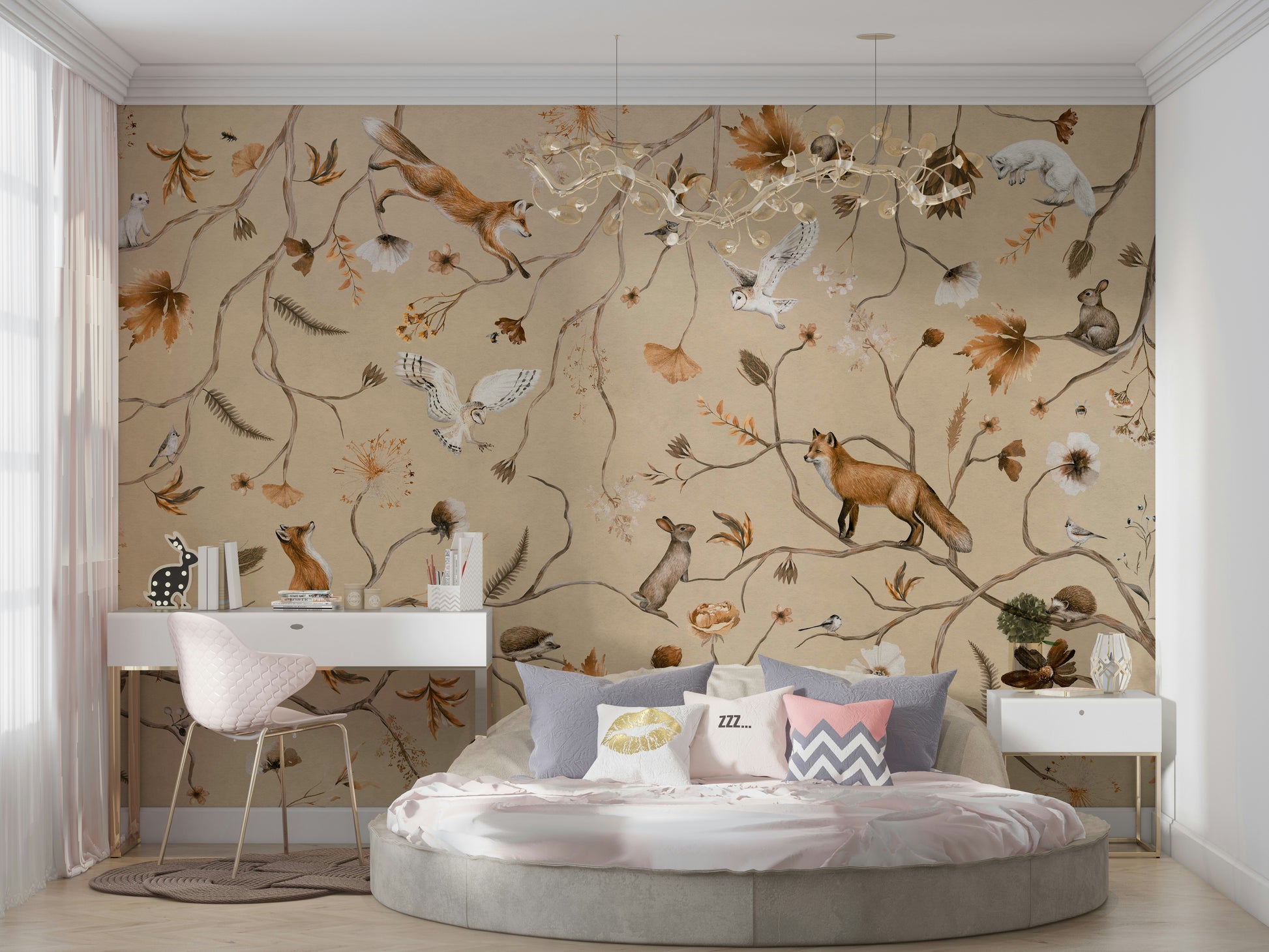 A peaceful woodland scene mural on decorative wallpaper.

