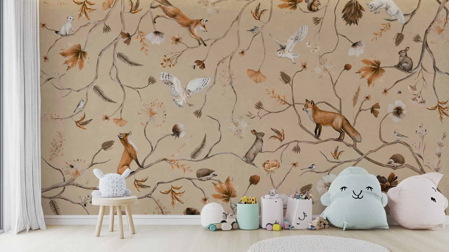 A graceful subtle creature wall mural in cool, natural tones.

