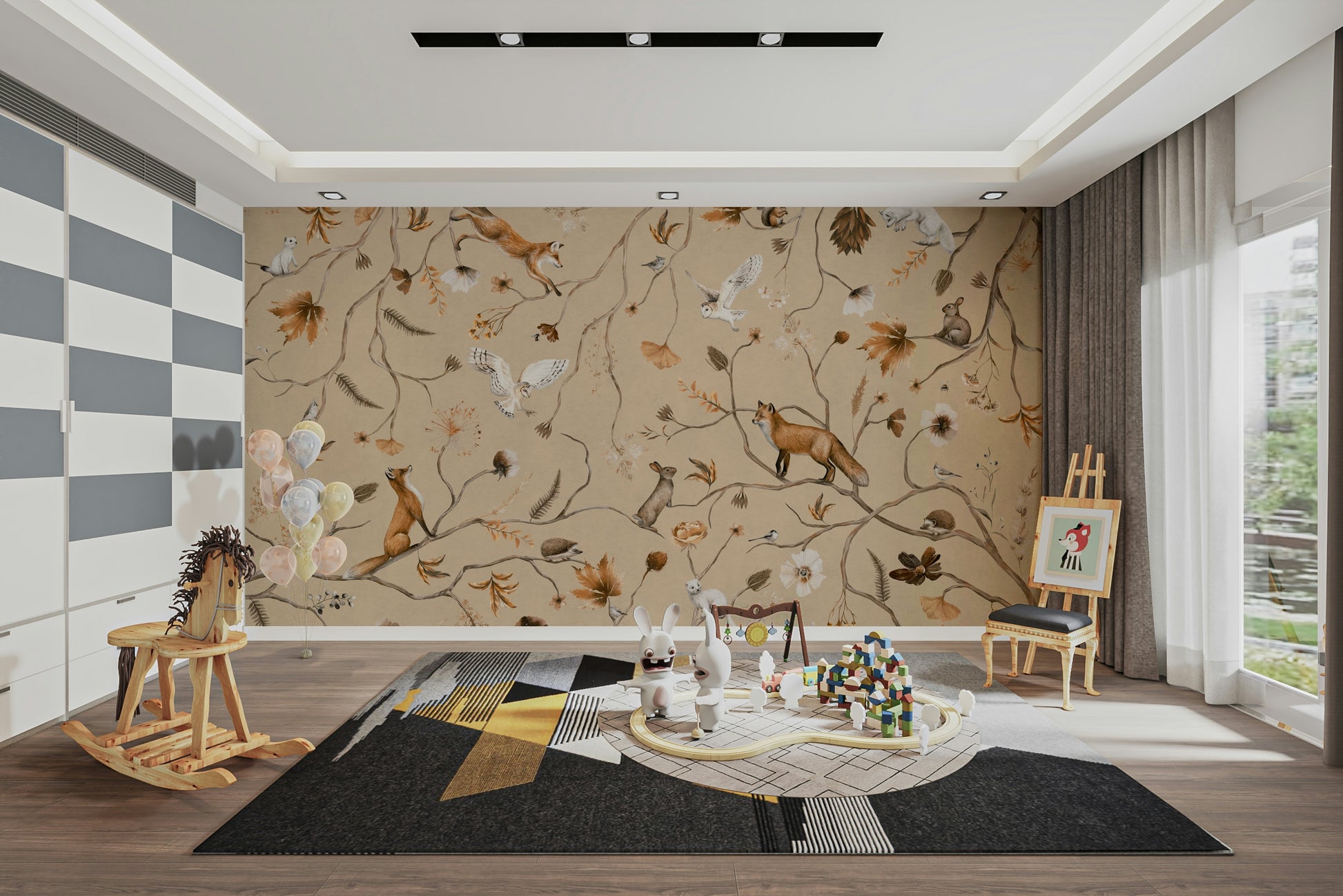 An artistic forest wildlife mural on minimalist wallpaper.

