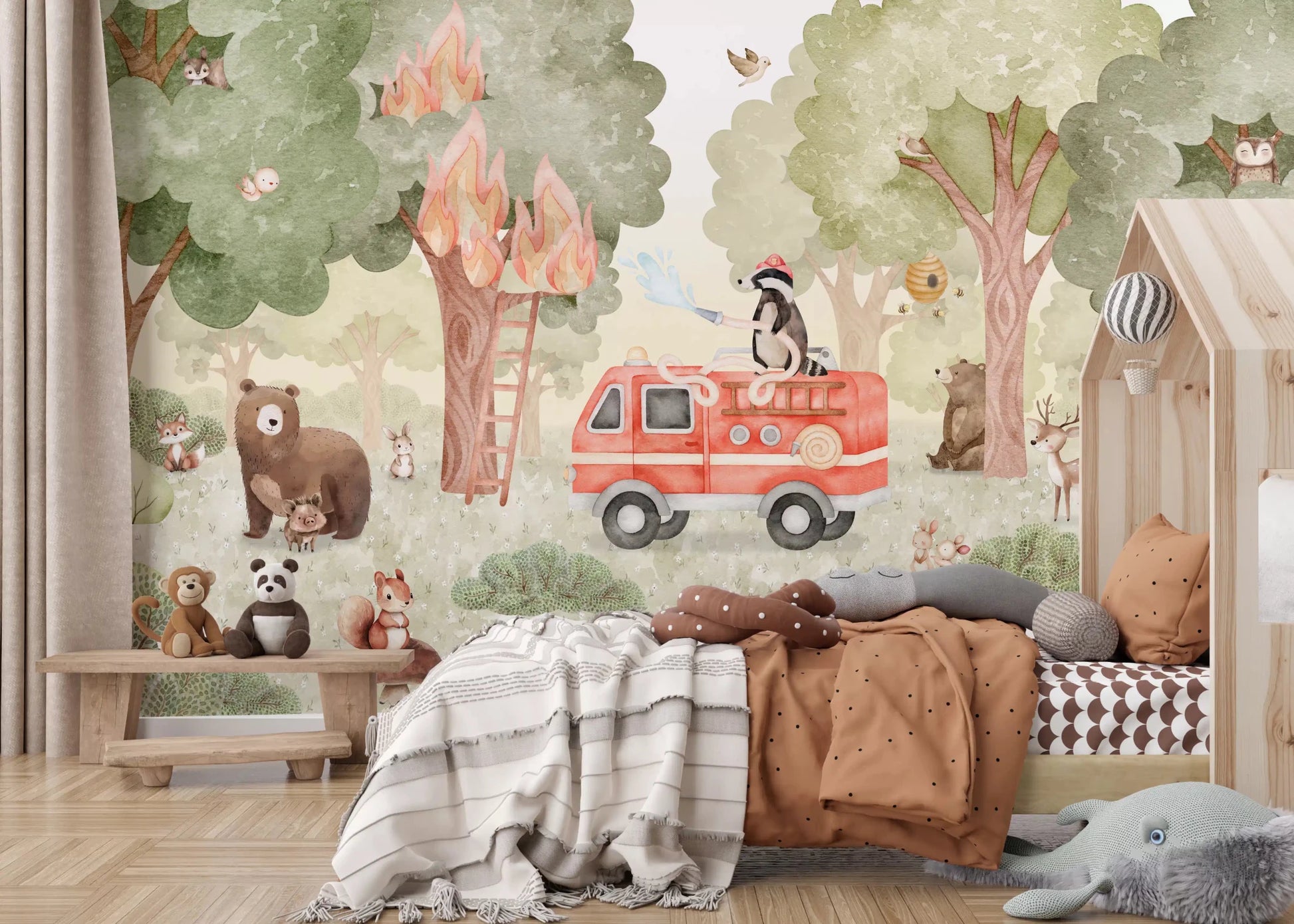 Children room wall with Forest Fire Fighter wall mural and soft tones, GD9176