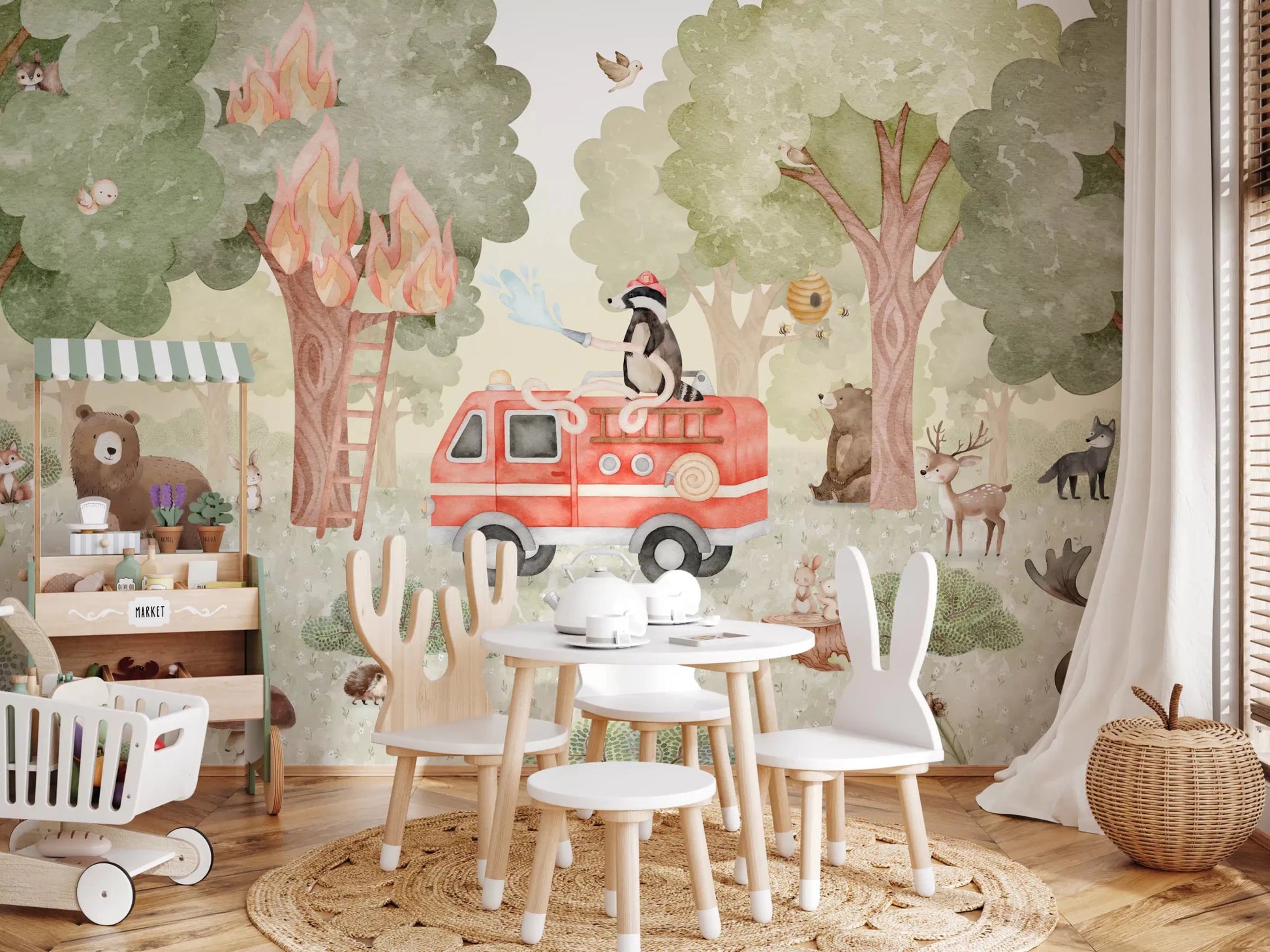 Nursery showing Forest Fire Fighter wall mural and trees, GD9176