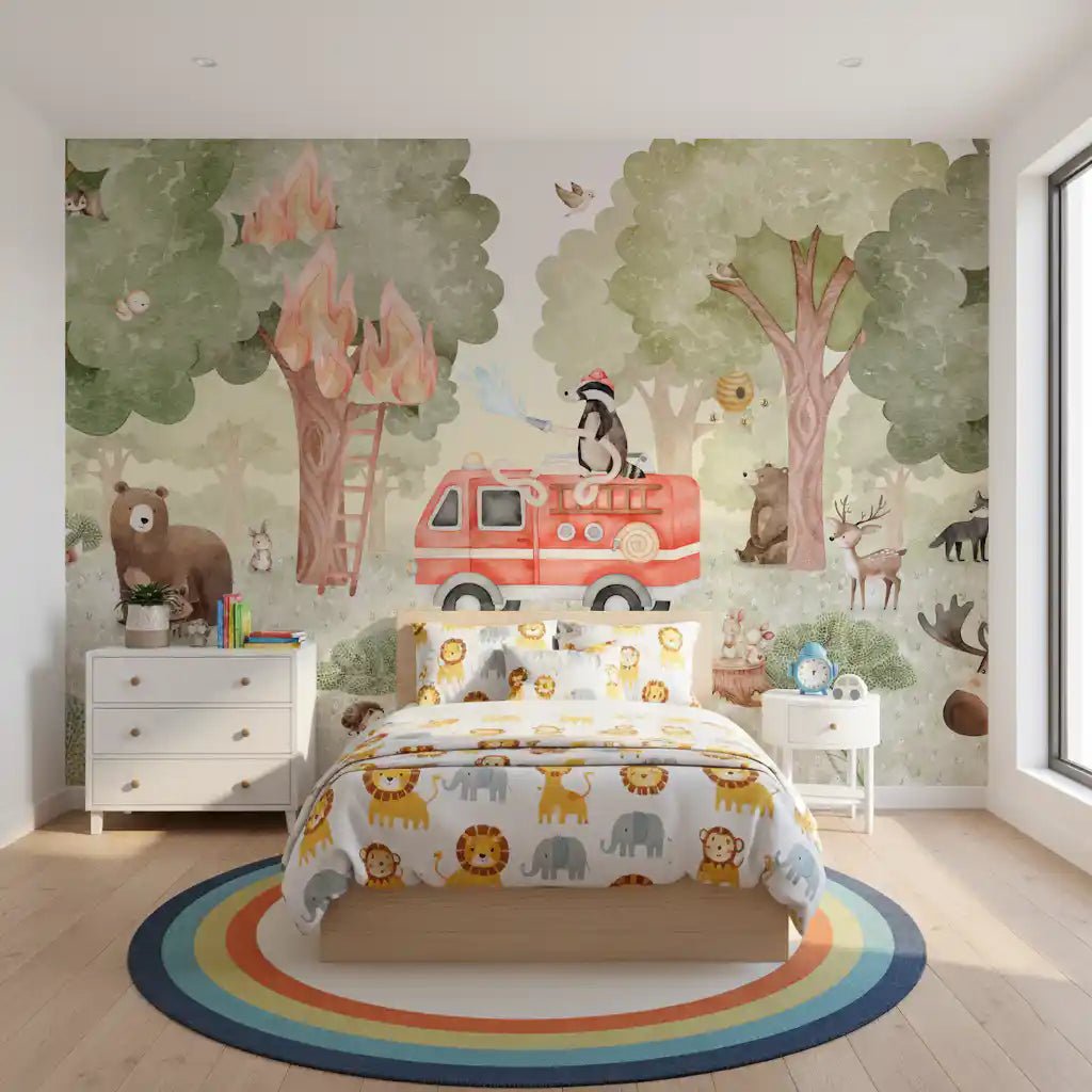 Kids room with Forest Fire Fighter wall mural and woodland scene, GD9176