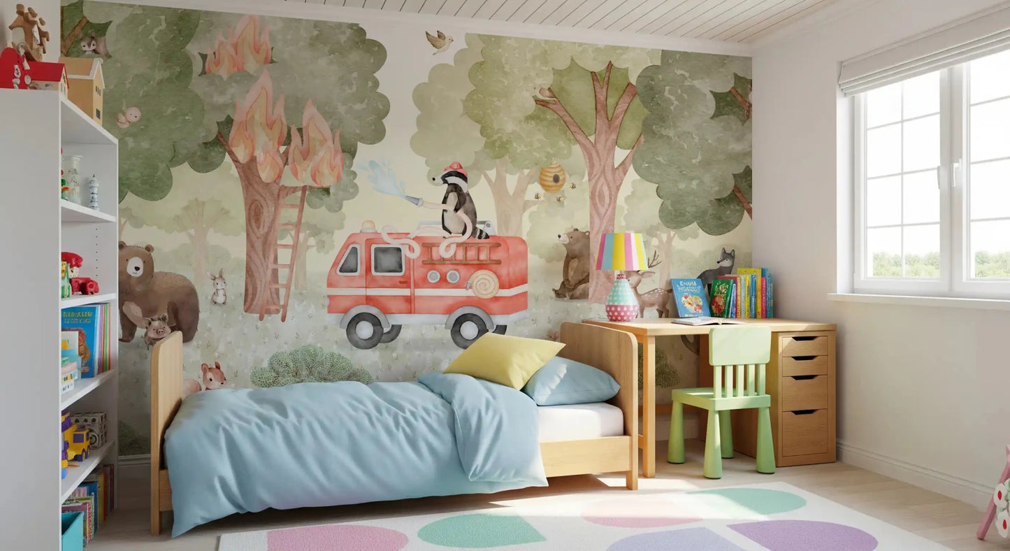 Bedroom styled in Forest Fire Fighter wall mural with animals, GD9176