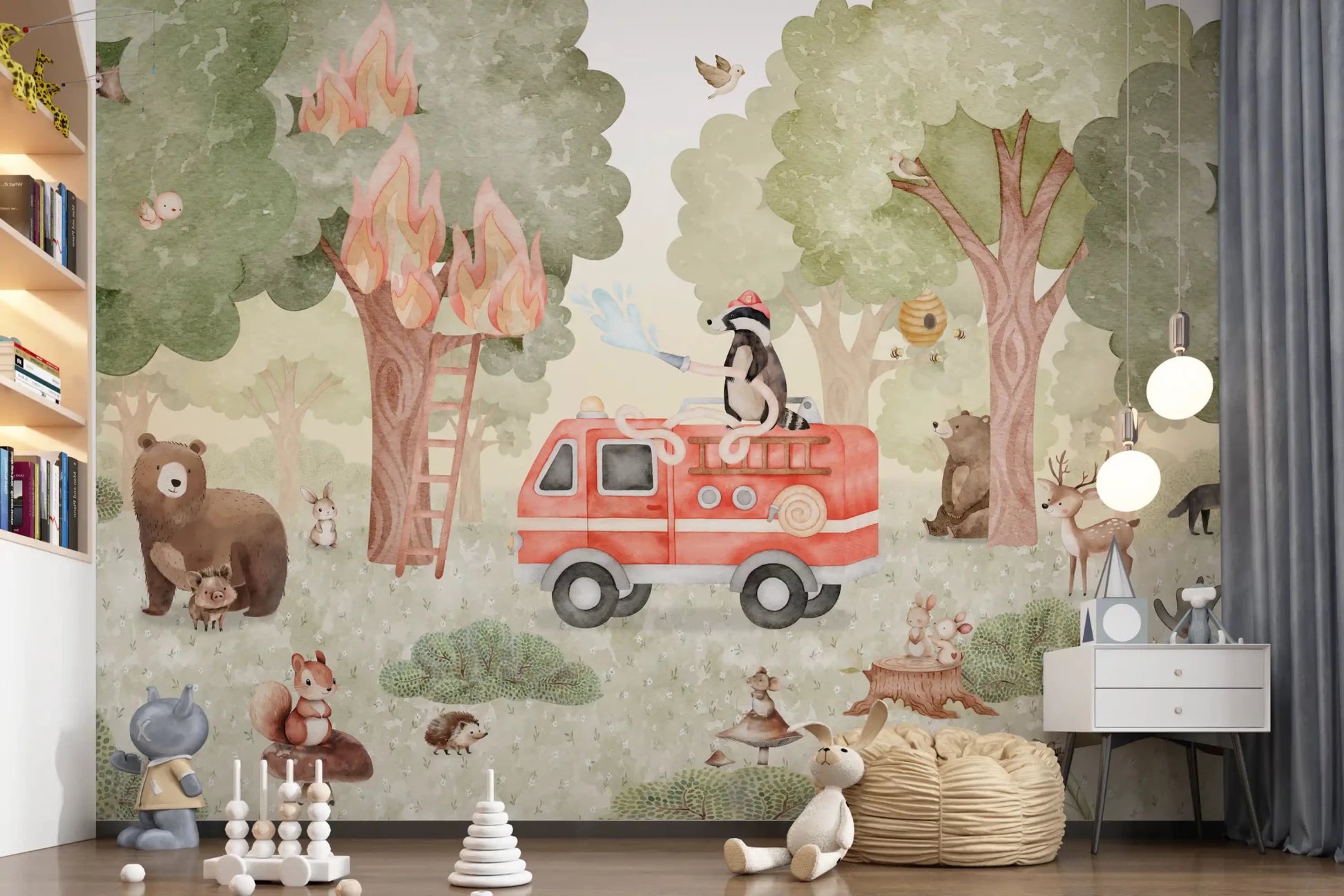 Animal characters in Forest Fire Fighter wall mural setting, GD9176