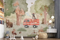 Animal characters in Forest Fire Fighter wall mural setting, GD9176