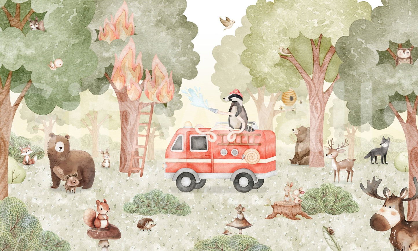 Soft green tones in Forest Fire Fighter wall mural design, GD9176