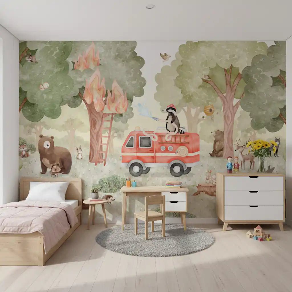 Illustrated rescue theme in Forest Fire Fighter wall mural, GD9176