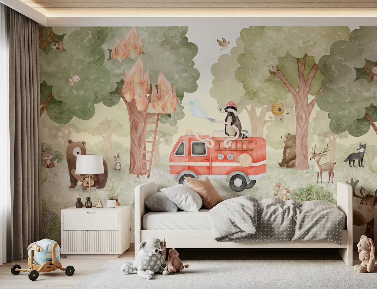 Forest Fire Fighter wall mural with fire truck and raccoon, GD9176