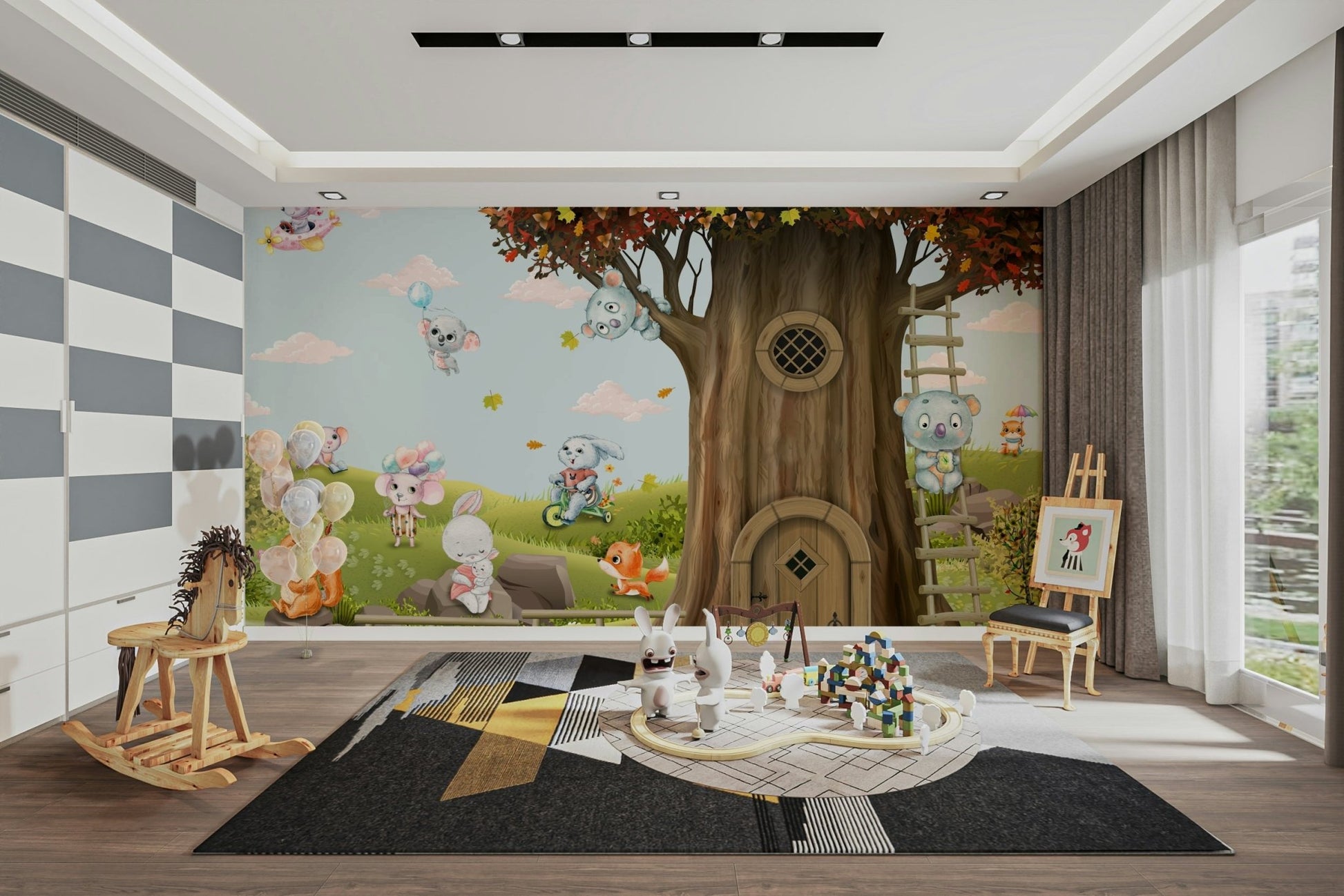 The image features various stylized woodland creatures, such as foxes, bears, and rabbits.
