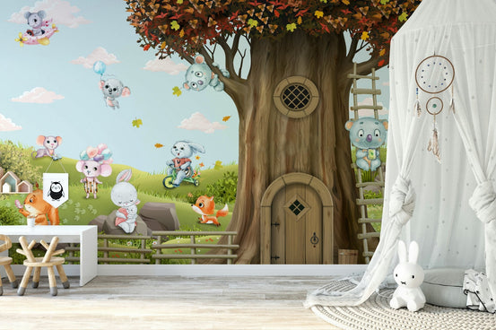 A full-wall mural of a peaceful forest scene with friendly animals. 
GD4275
