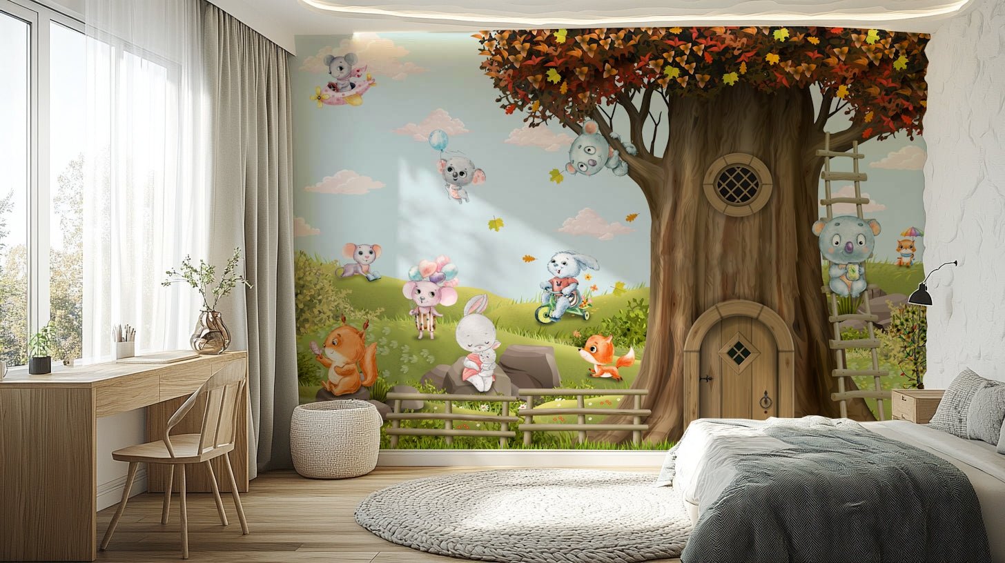 The animals are set among large trees, mushrooms, and lush foliage.
