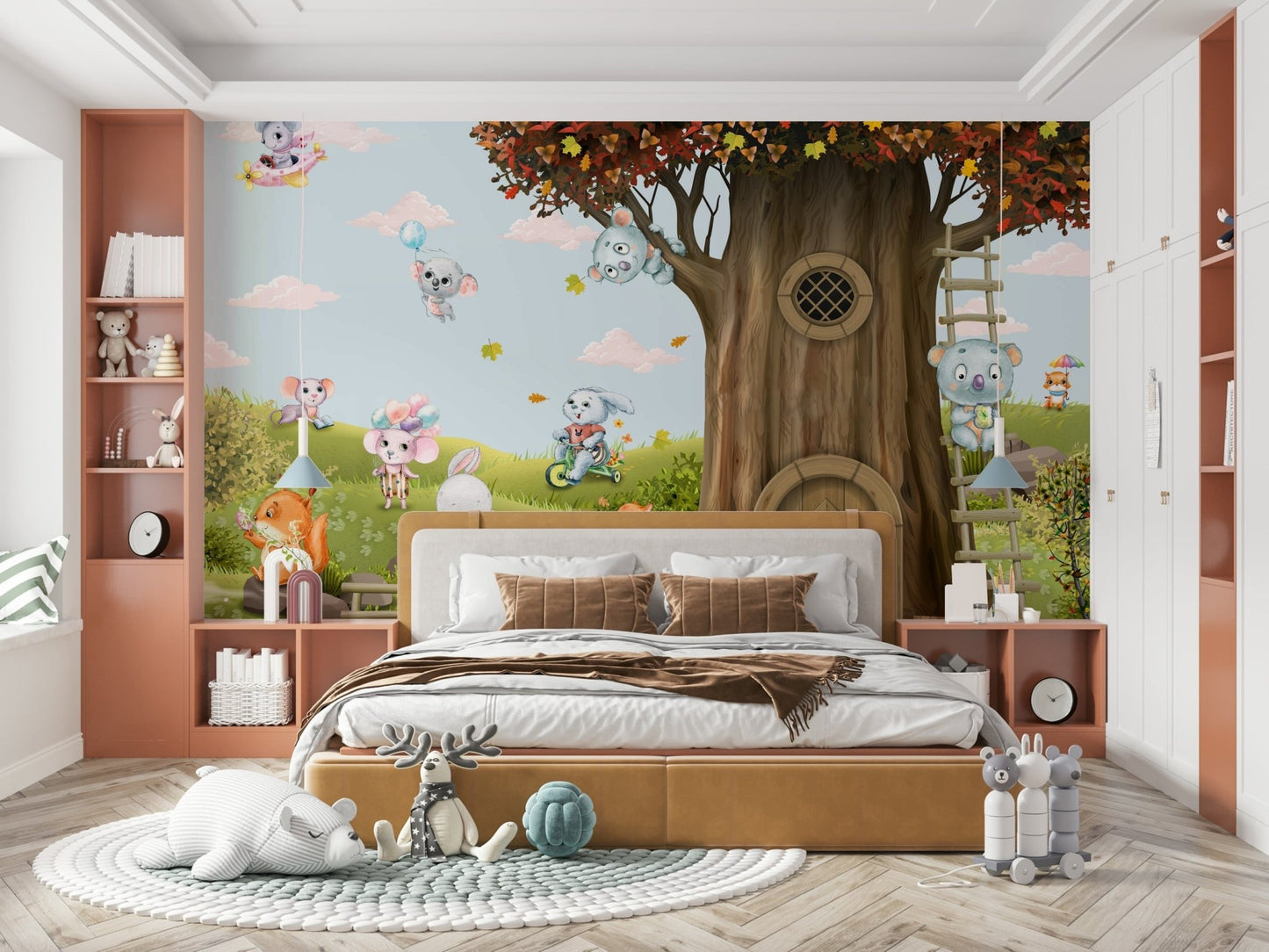 The mural is created for an entire wall, providing an immersive feel.
