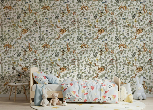 Whimsical forest animal wall mural for a child's playroom or bedroom.