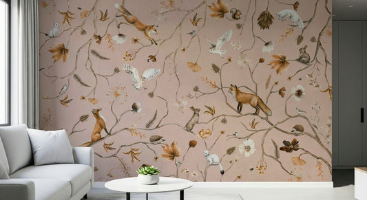 Forest Friends Fable Wall Mural in a cozy nursery.