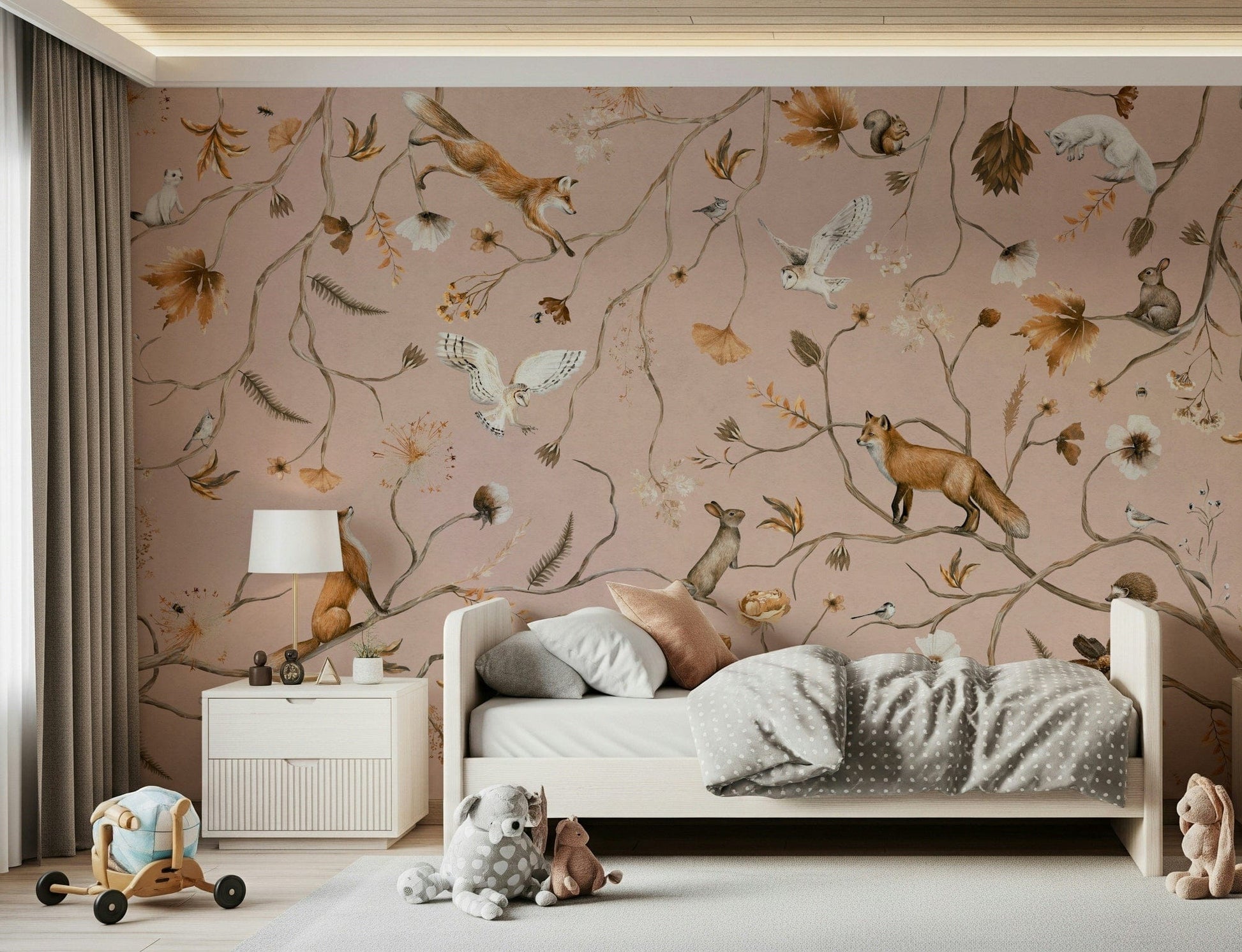 Horizontal segment of the dreamy Forest Friends Fable Wall Mural.