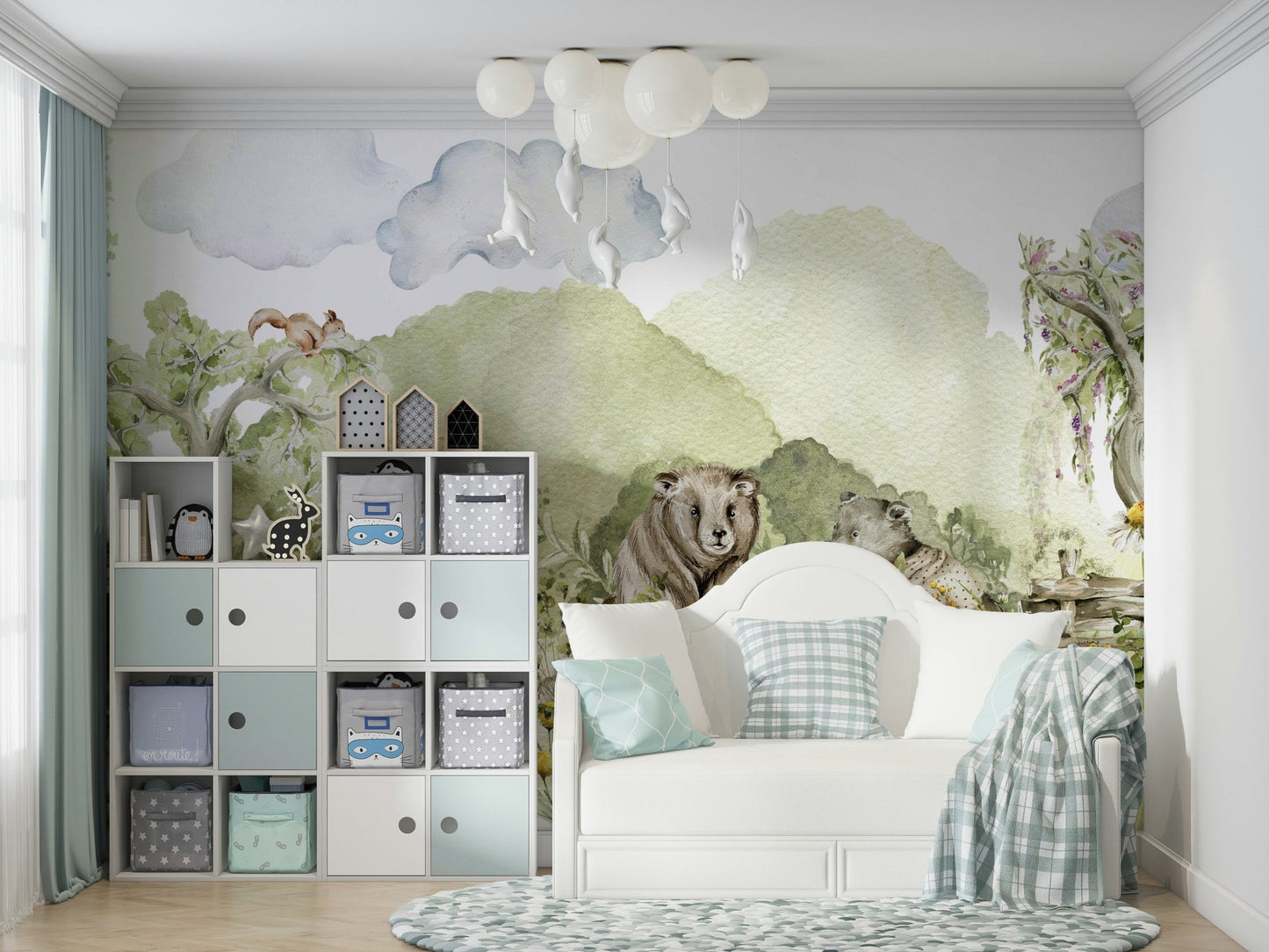 Nature-inspired wall mural with forest animals.

