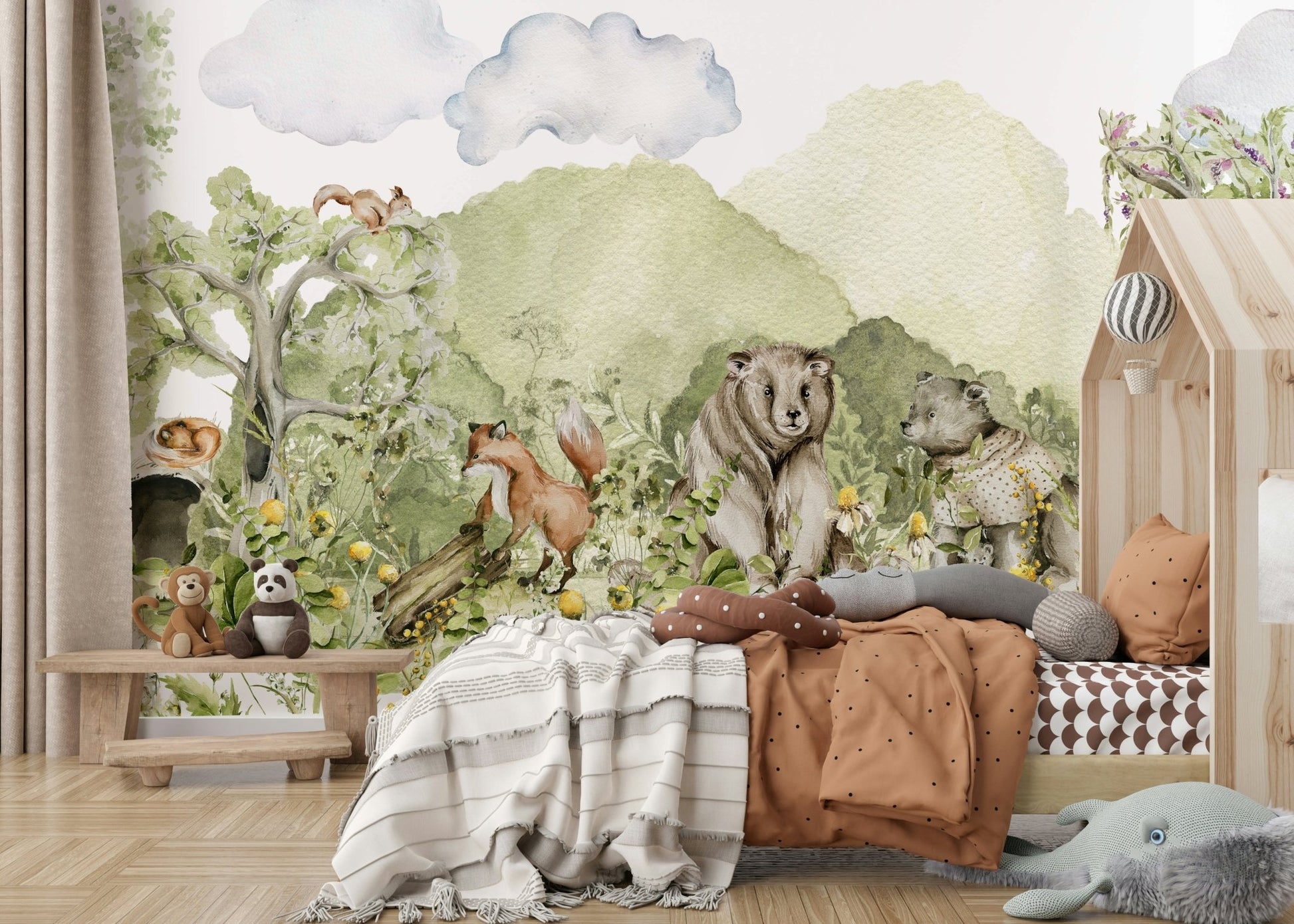 Cute forest animals wall mural for kids' rooms.

