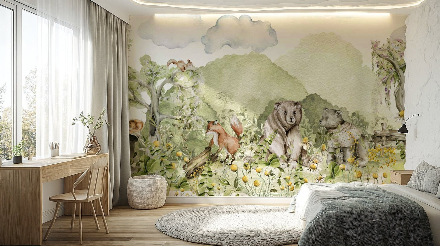 Playful forest creatures mural for kids' bedrooms.

