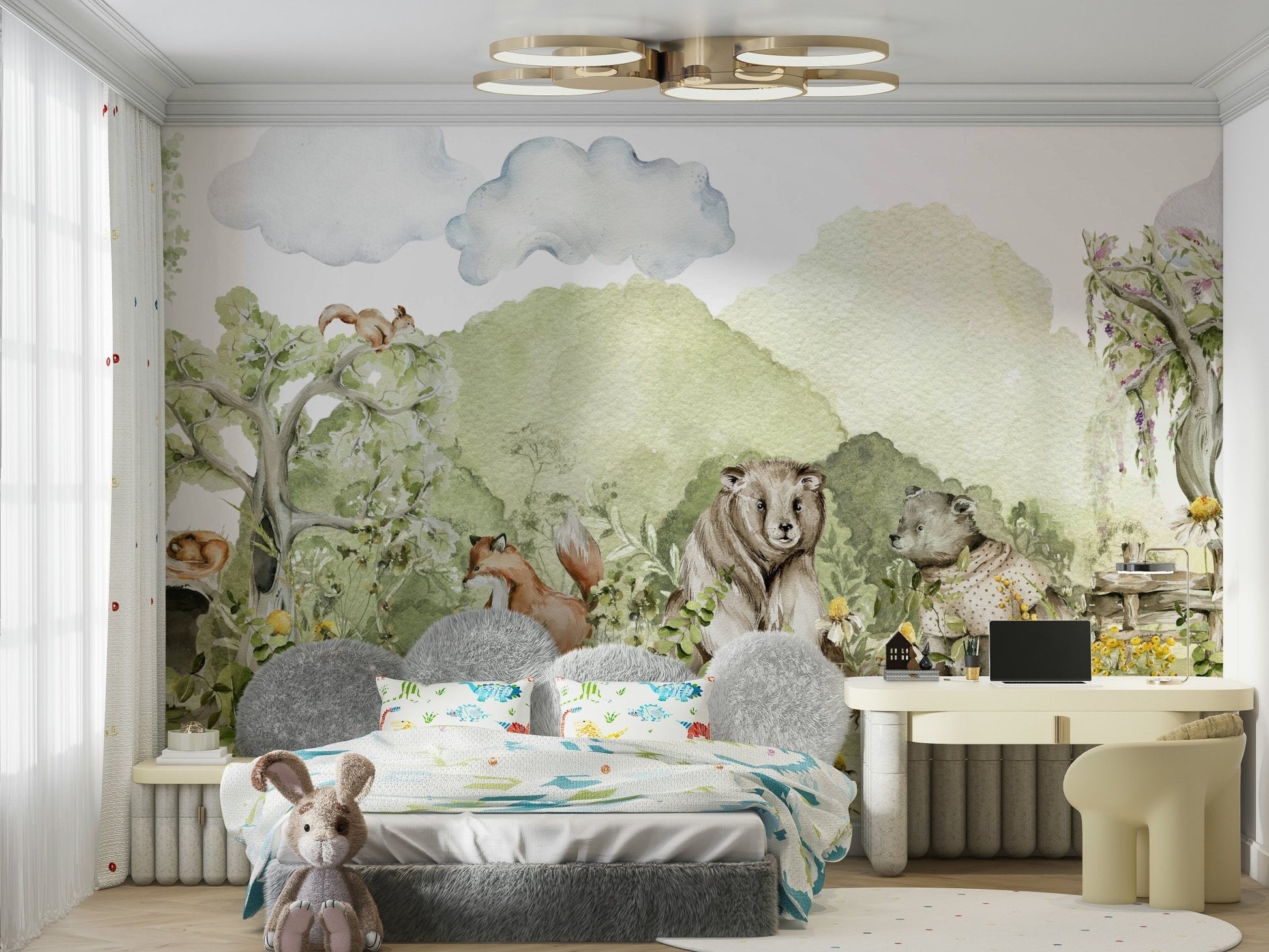 Whimsical woodland animal wall mural for kids' decor.

