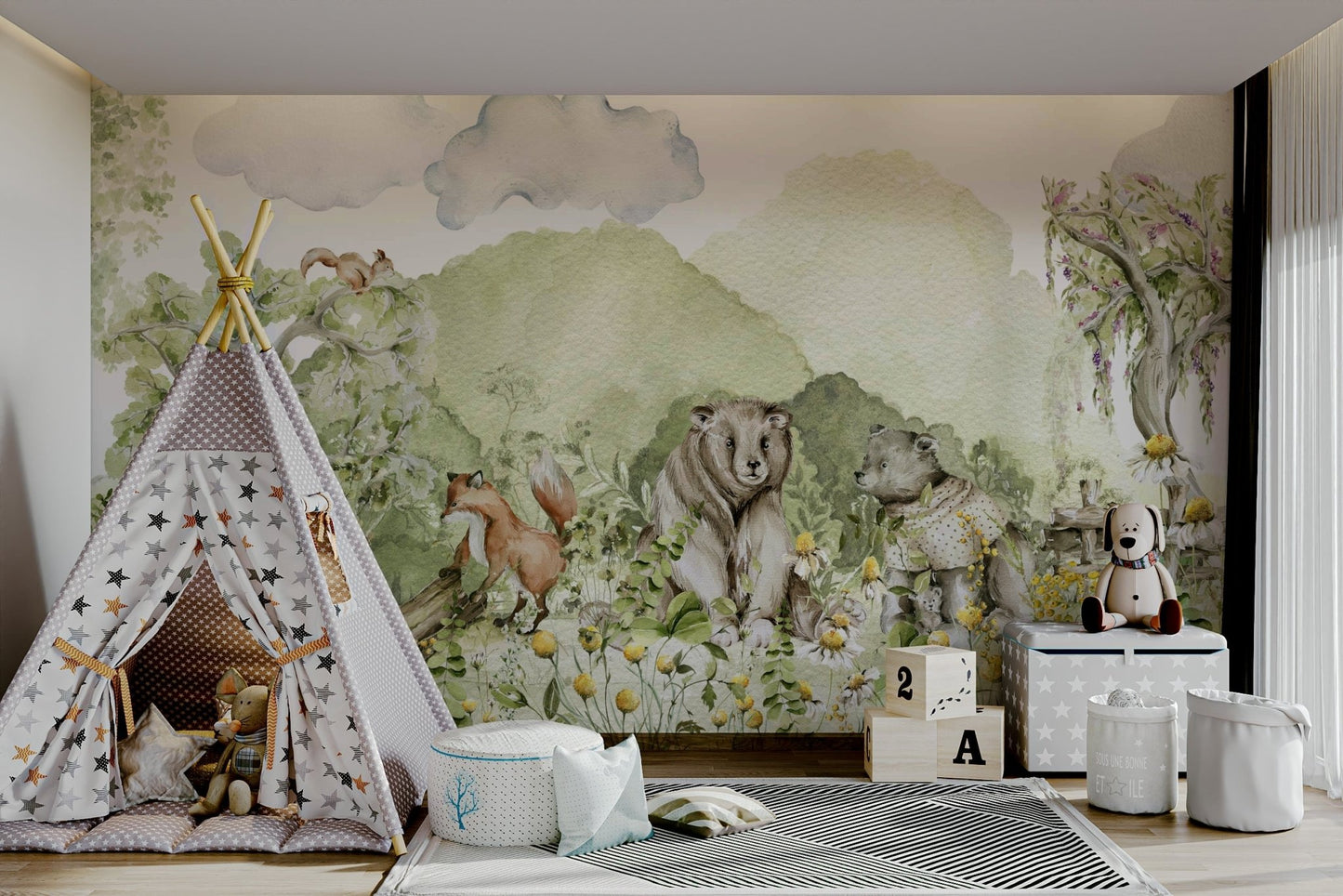 Kids room mural with friendly woodland animals.

