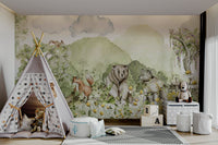 Kids room mural with friendly woodland animals.

