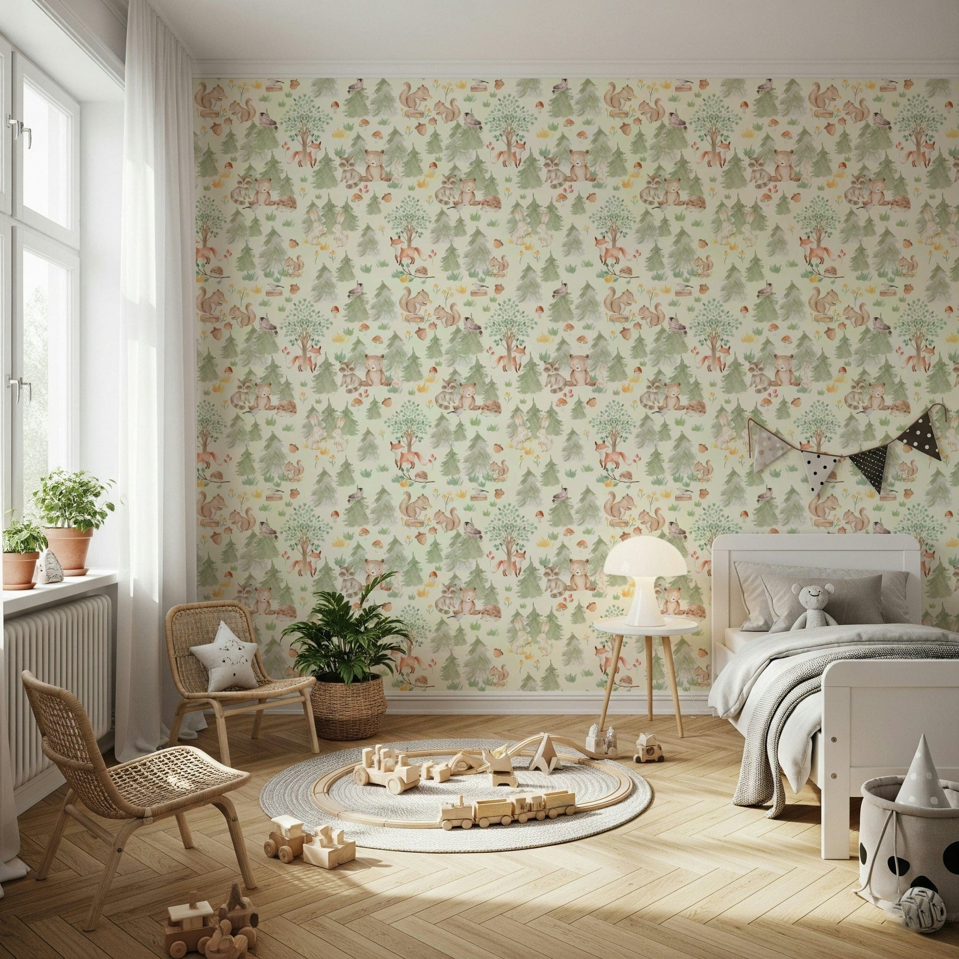 Forest Friends Forever, woodland animal wallpaper for walls, neutral watercolor design.