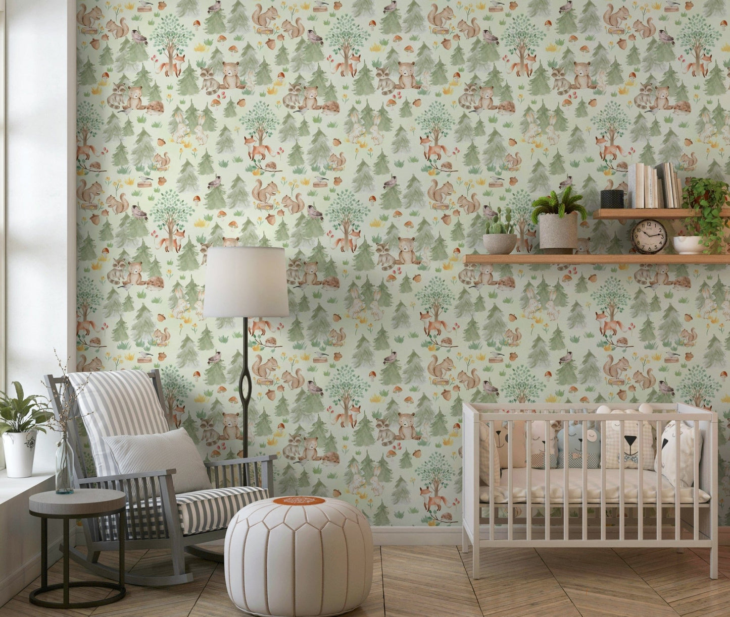 Kids room interior, Forest Friends Forever, happy rabbit pattern wall paper print.